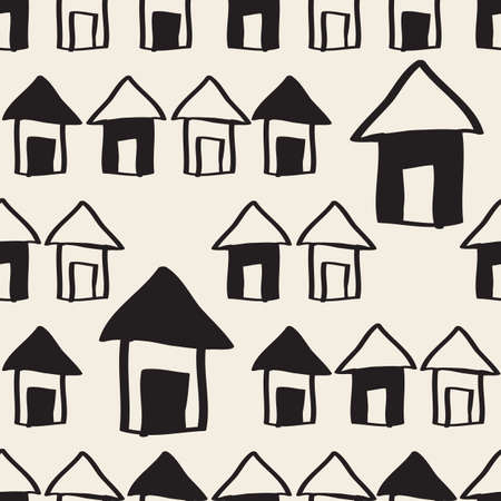 seamless monochrome hand drawn village with houses pattern backgroundのイラスト素材