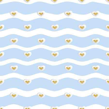 seamless gold heart glitter with white heart paper pattern on blue stripe backgroundのイラスト素材