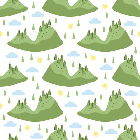 seamless hand drawn green forrest island pattern on white backgroundのイラスト素材