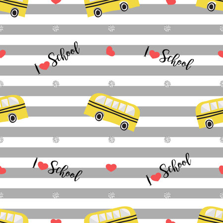 seamless hand drawn school bus with heart and silver dot glitter pattern on grey stripe background