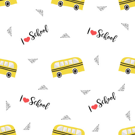 seamless hand drawn school bus with black dot pattern on white background