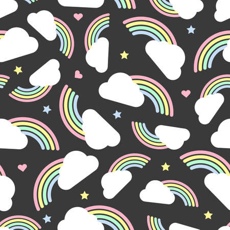 seamless colorful rainbow and cloud with polka dot,star and heart glitter pattern on grey backgroundのイラスト素材