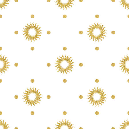 seamless gold glitter sun with gold dot glitter pattern on black background