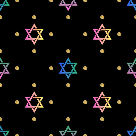 seamless colorful neon star pattern with gold dot glitter on black backgroundのイラスト素材