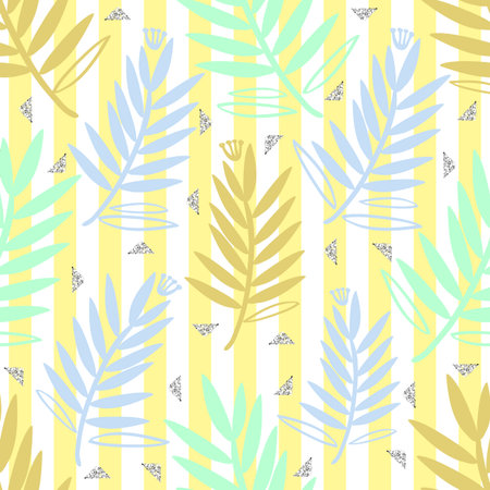 seamless nature pattern with colorful hand drawn leaves on yellow stripe background