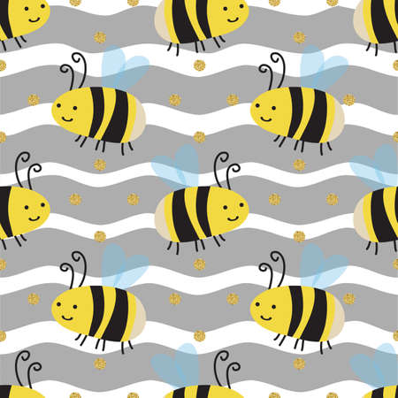 seamless hand drawn bee with gold dot glitter pattern on grey stripe backgroundのイラスト素材
