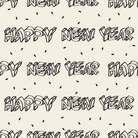 seamless monochrome hand drawn happy new year text pattern backgroundのイラスト素材