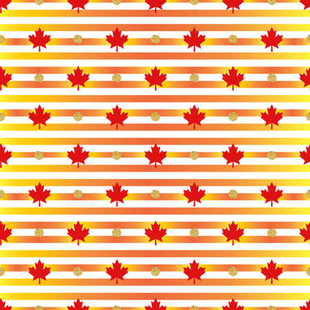 seamless red maple leaves with gold dot glitter pattern on stripe backgroundのイラスト素材