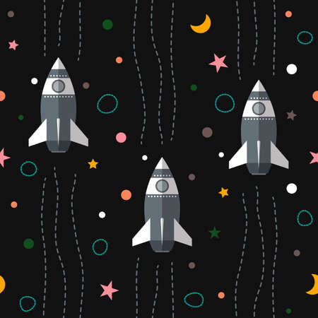 Seamless colorful space pattern background with planets, rockets and starsのイラスト素材