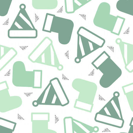 seamless glitter christmas pattern on white background with hat and sockのイラスト素材