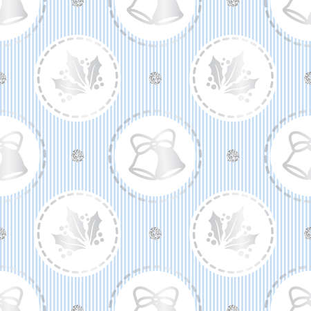 seamless glitter christmas pattern on blue stripe background with silver bell and leaveのイラスト素材