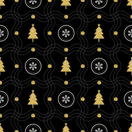 seamless christmas pattern with gold glitter pine tree and gold polka dot glitter on black pattern backgroundのイラスト素材