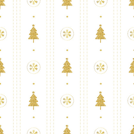 seamless christmas pattern with gold glitter pine tree and gold snowflake on white pattern...