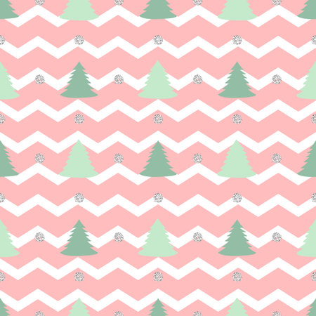 seamless christmas pattern with green pine tree on pink stripe background