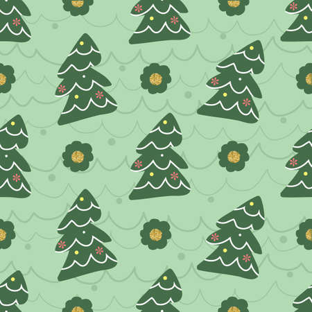 seamless christmas pattern with green pine tree and gold dot glitter on green backgroundのイラスト素材