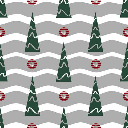 seamless christmas pattern with green hand drawn pine tree from geometric pattern on grey stripe backgroundのイラスト素材