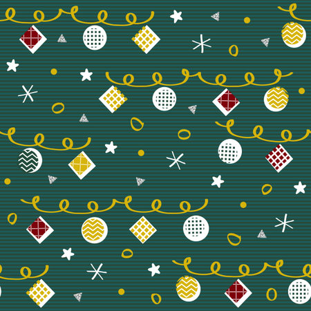 seamless hand drawn christmas pattern from geometric and glitter pattern on green stripe background
