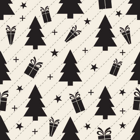 seamless monochrome christmas pattern background with pine tree , confetti star and giftのイラスト素材