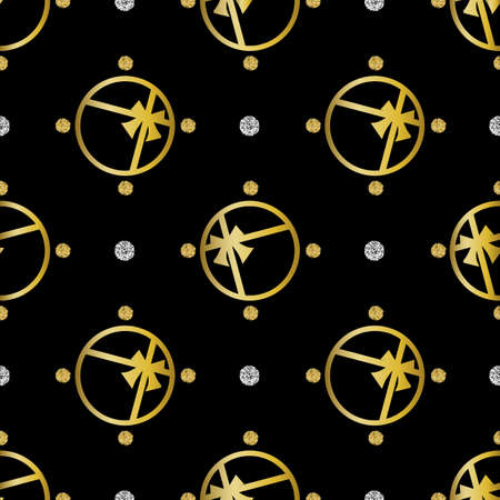 seamless golden gift pattern on black background with glitter polka dotのイラスト素材