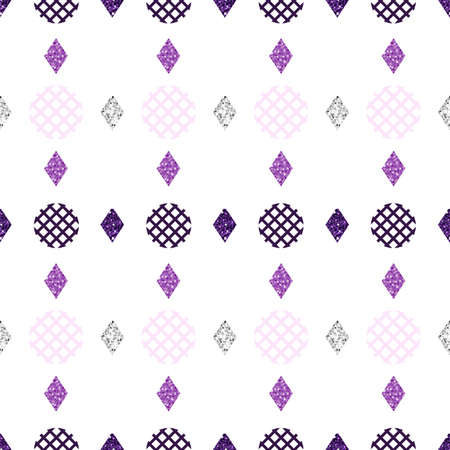 seamless confetti monochrome violet glitter rhombus and stripe dot pattern on white backgroundのイラスト素材