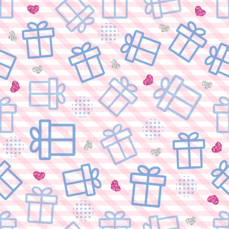 seamless blue gift box and confetti heart glitter on pink stripe background