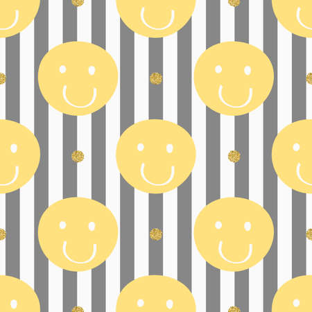 Seamless hand drawn emoticon smile face with gold dot glitter pattern on grey stripe backgroundのイラスト素材