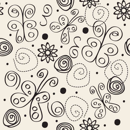 seamless hand draw monochrome butterfly with flower pattern backgroundのイラスト素材