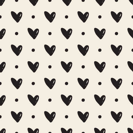 seamless pattern background with monochrome hand drawn heart and dotのイラスト素材
