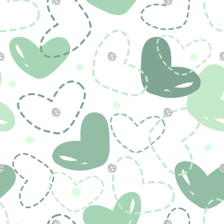 seamless pattern background with monochrome green heart with silver dot glitter
