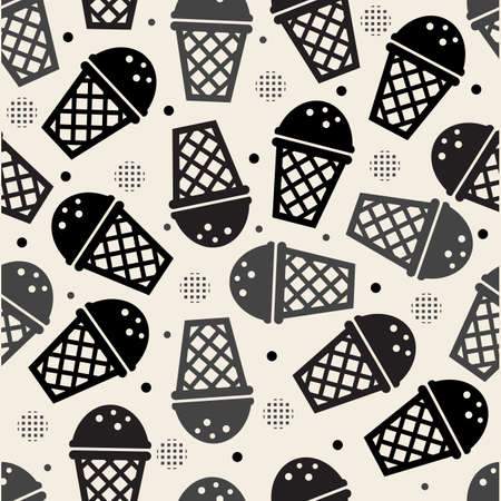 seamless monochrome ice cream with waffle cone pattern backgroundのイラスト素材