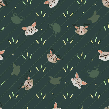 seamless hand drawn cute little nerd deer and fox wear glasses pattern backgroundのイラスト素材