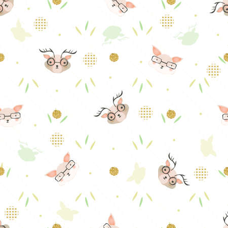 seamless hand drawn doodle glitter deer and fox pattern backgroundのイラスト素材
