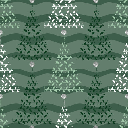 seamless christmas season with monochrome  pine tree pattern on wave background