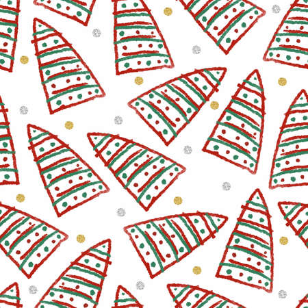 seamless hand draw red and green christmas tree with glitter pattern backgroundのイラスト素材