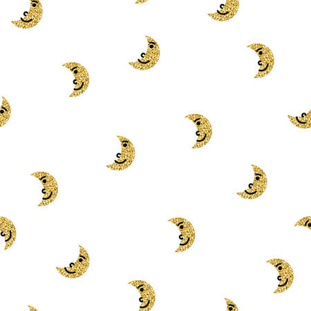 seamless golden glitter  moon with smile face pattern background , wink vector pattern ,kids patternの写真素材