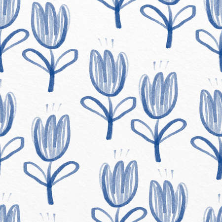 seamless hand drawn blue tulips pattern on paper background, greeting card or fabricの写真素材