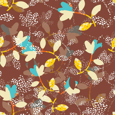 seamless mixed abstract leafs and flowers  pattern background , greeting card or fabricのイラスト素材