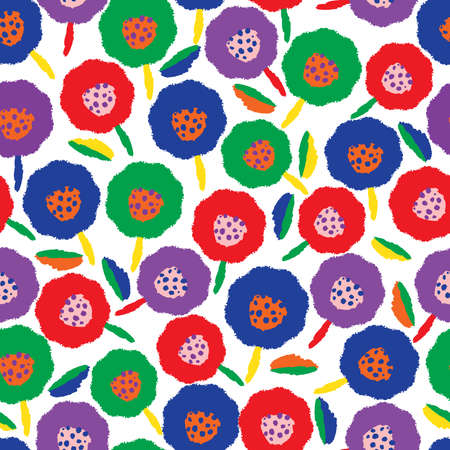 doodle multicolourful hand drawn flowers , seamless pattern background , greeting card or fabricのイラスト素材
