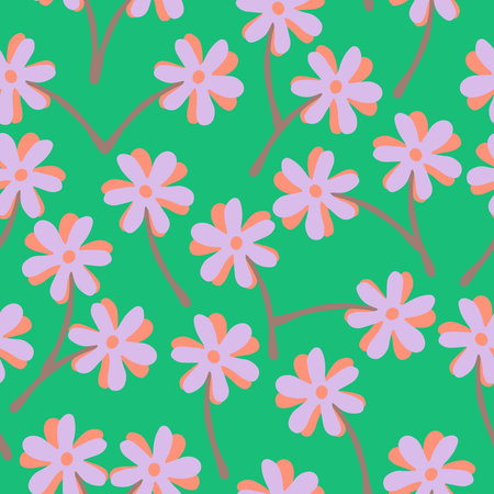 seamless cute pastel hand drawn flowers on green pattern  background , greeting card or fabric