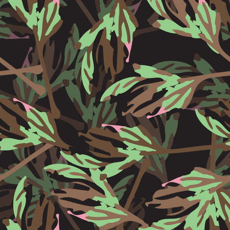 seamless abstract multicolour leaves pattern on black background , greeting card or fabricのイラスト素材