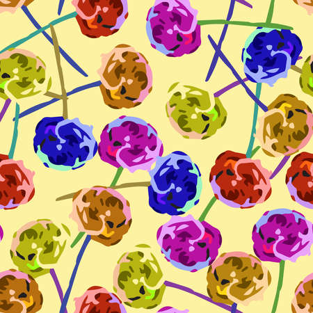 seamless abstract multicolour flower pattern on yellow background , greeting card or fabricのイラスト素材