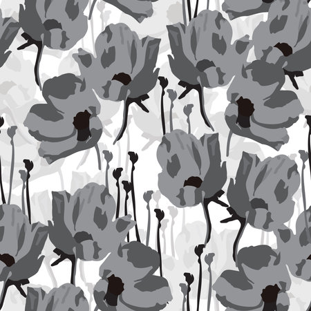 seamless plants pattern background with abstarct monochrome flowers , greeting card or fabricのイラスト素材