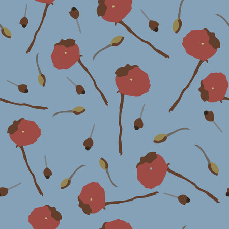 seamless plants pattern on blue background with red flowers , greeting card or fabricのイラスト素材