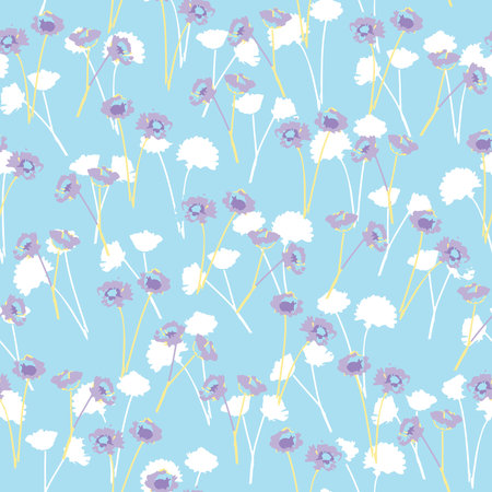 seamless doodle cute pastel flower pattern on blue backgroundのイラスト素材