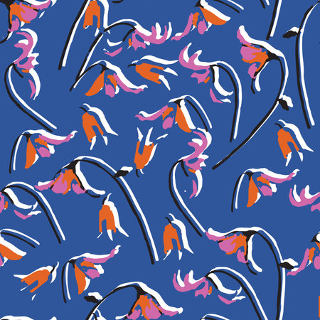 seamless doodle abstract hand drawn flower pattern on blue backgroundのイラスト素材