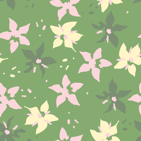 seamless doodle flowers and dot pattern on green  background , greeting card or fabricのイラスト素材