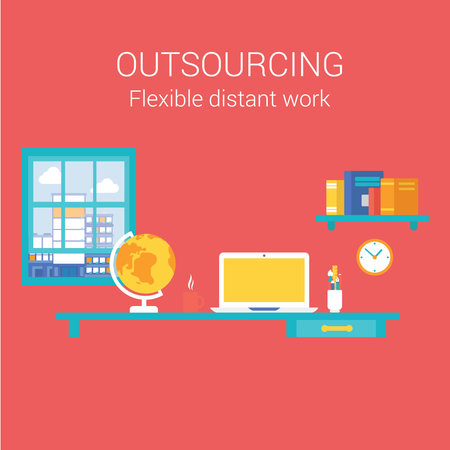 Flexible work space with laptop and books.のイラスト素材