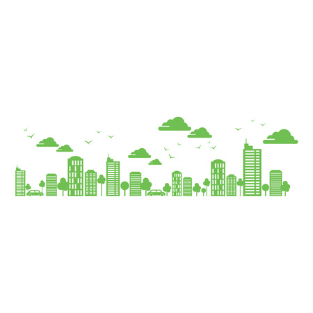 Green beautiful city vector with trees, buildings and cloudsのイラスト素材