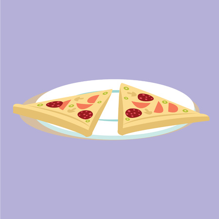 Colorful Pizza on the plate round icon. Pizza slice. Snacks. Fast food.のイラスト素材