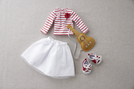 Baby Girls White Tshirt Top and Pink Tutu Skirt and red small shoesの写真素材